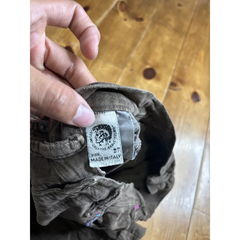 Diesel Boys 27 Corduroy Pants Brown Embroidered Lightning Bolt Flower Italy